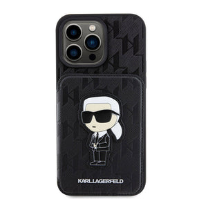 Apple iPhone 15 Pro Max Kılıf Karl Lagerfeld Standlı Kartlıklı Saffiano Monogram İkonik Metal Logo Orjinal Lisanslı Kapak