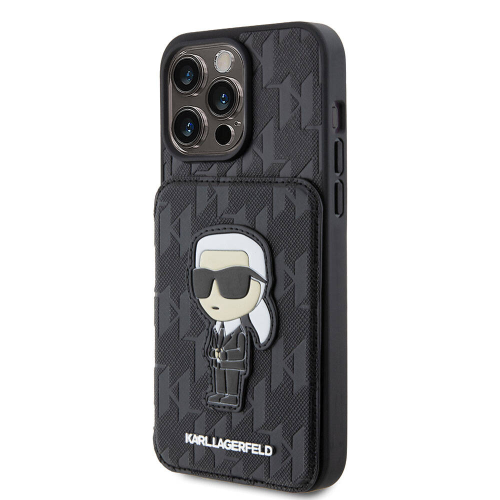 iPhone 15 Pro Kılıf Karl Lagerfeld Standlı Kartlıklı Saffiano Monogram İkonik Metal Logo Orjinal Lisanslı Kılıf