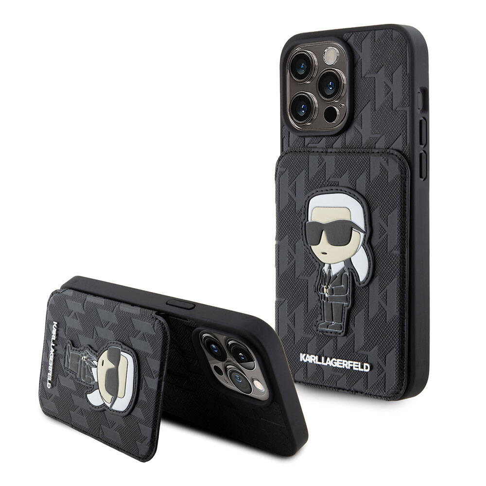 iPhone 15 Pro Kılıf Karl Lagerfeld Standlı Kartlıklı Saffiano Monogram İkonik Metal Logo Orjinal Lisanslı Kılıf