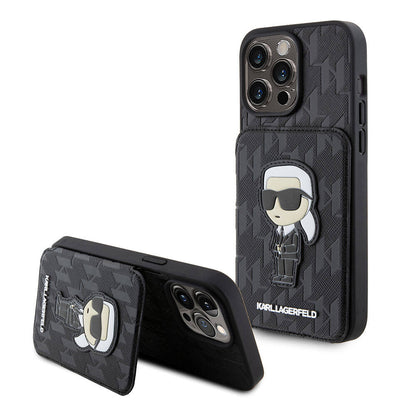 iPhone 15 Pro Kılıf Karl Lagerfeld Standlı Kartlıklı Saffiano Monogram İkonik Metal Logo Orjinal Lisanslı Kılıf