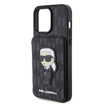 iPhone 15 Pro Kılıf Karl Lagerfeld Standlı Kartlıklı Saffiano Monogram İkonik Metal Logo Orjinal Lisanslı Kılıf