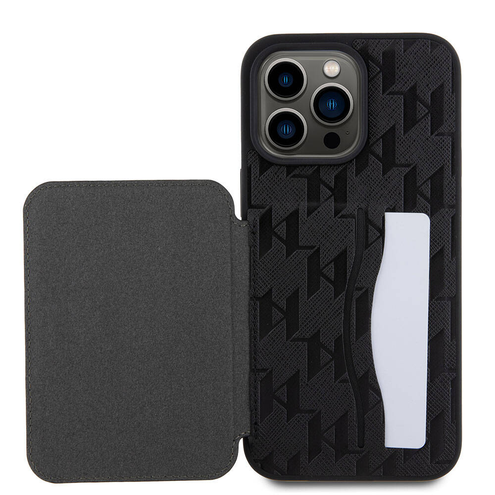 iPhone 15 Pro Kılıf Karl Lagerfeld Standlı Kartlıklı Saffiano Monogram İkonik Metal Logo Orjinal Lisanslı Kılıf
