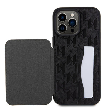iPhone 15 Pro Kılıf Karl Lagerfeld Standlı Kartlıklı Saffiano Monogram İkonik Metal Logo Orjinal Lisanslı Kılıf