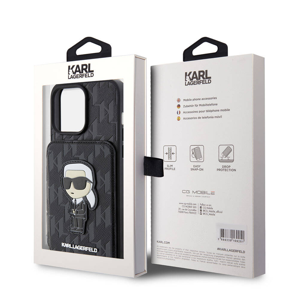 Apple iPhone 15 Pro Kılıf Karl Lagerfeld Standlı Kartlıklı Saffiano Monogram İkonik Metal Logo Orjinal Lisanslı Kapak