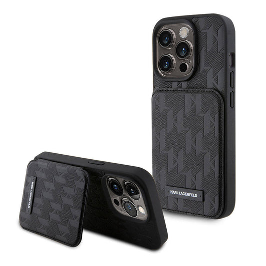 iPhone 15 Pro Kılıf Karl Lagerfeld Standlı Kartlıklı Saffiano Monogram Metal Logo Orjinal Lisanslı Kılıf