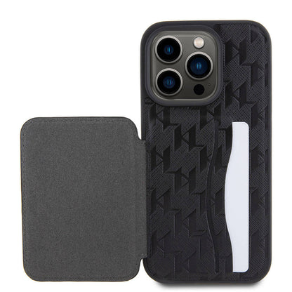 iPhone 15 Pro Kılıf Karl Lagerfeld Standlı Kartlıklı Saffiano Monogram Metal Logo Orjinal Lisanslı Kılıf