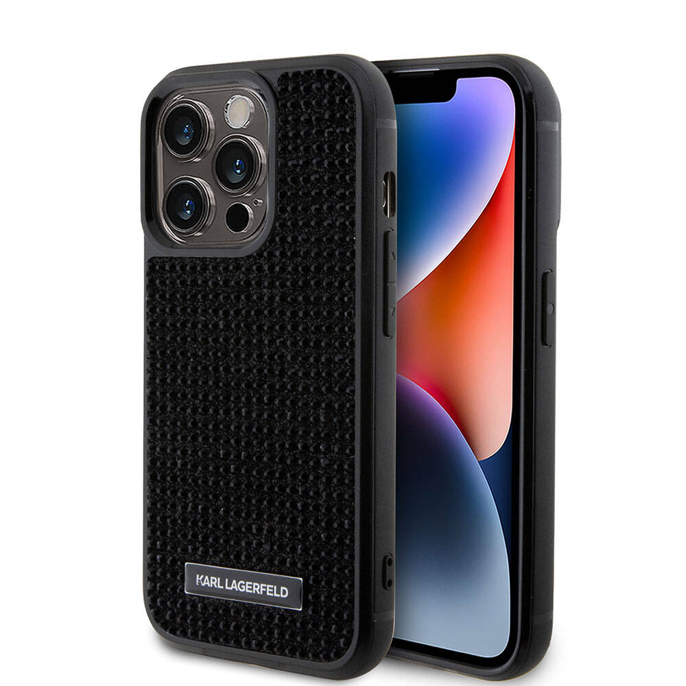 iPhone 15 Pro Kılıf Karl Lagerfeld Taşlı Metal Logo Orjinal Lisanslı Kılıf