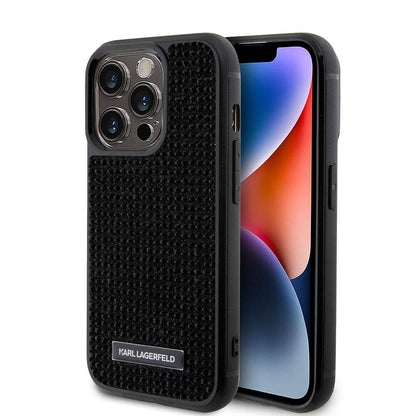 iPhone 15 Pro Kılıf Karl Lagerfeld Taşlı Metal Logo Orjinal Lisanslı Kılıf