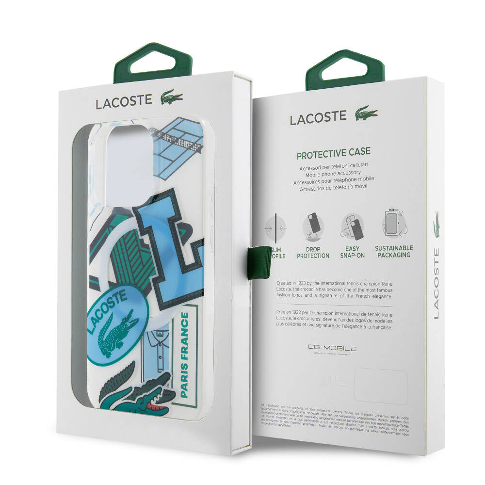 Apple iPhone 15 Pro Kılıf Lacoste Orjinal Lisanslı Magsafe Şarj Özellikli Çift Katmanlı Yamalar Desenli Kapak Mavi