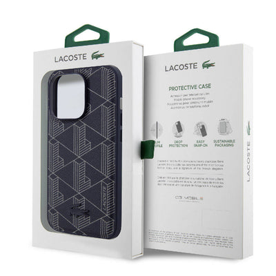 Apple iPhone 15 Pro Kılıf Lacoste Orjinal Lisanslı Magsafe Şarj Özellikli PU Deri Görünümlü Karışık Monogram Desenli Kapak Lacivert