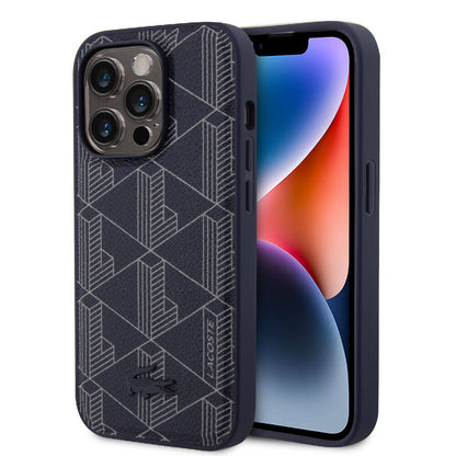 iPhone 15 Pro Kılıf Lacoste Orjinal Lisanslı M-safe Şarj Özellikli PU Deri Görünümlü Karışık Monogram Desenli Kılıf