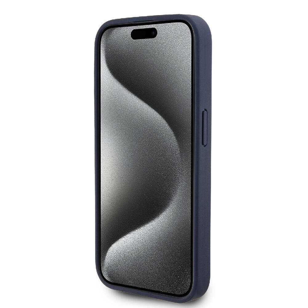 Apple iPhone 15 Pro Kılıf Lacoste Orjinal Lisanslı Magsafe Şarj Özellikli PU Deri Görünümlü Karışık Monogram Desenli Kapak Lacivert