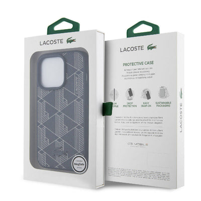 Apple iPhone 15 Pro Kılıf Lacoste Orjinal Lisanslı Magsafe Şarj Özellikli PU Deri Görünümlü Karışık Monogram Desenli Kapak Lacivert