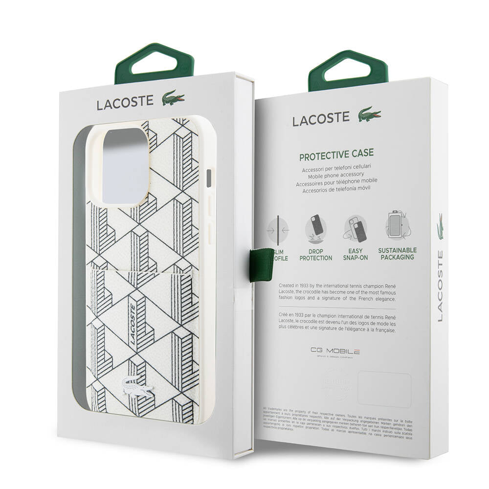 Apple iPhone 15 Pro Kılıf Lacoste Orjinal Lisanslı Magsafe Şarj Özellikli PU Deri Görünümlü Kartlıklı Karışık Monogram Desenli Kapak Siyah