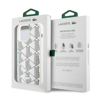Apple iPhone 15 Pro Kılıf Lacoste Orjinal Lisanslı Magsafe Şarj Özellikli PU Deri Görünümlü Kartlıklı Karışık Monogram Desenli Kapak Siyah