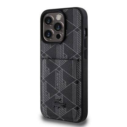 iPhone 15 Pro Kılıf Lacoste Orjinal Lisanslı M-safe Şarj Özellikli PU Deri Görünümlü Kartlıklı Karışık Monogram Desenli Kılıf