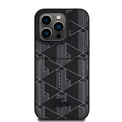 iPhone 15 Pro Kılıf Lacoste Orjinal Lisanslı M-safe Şarj Özellikli PU Deri Görünümlü Kartlıklı Karışık Monogram Desenli Kılıf