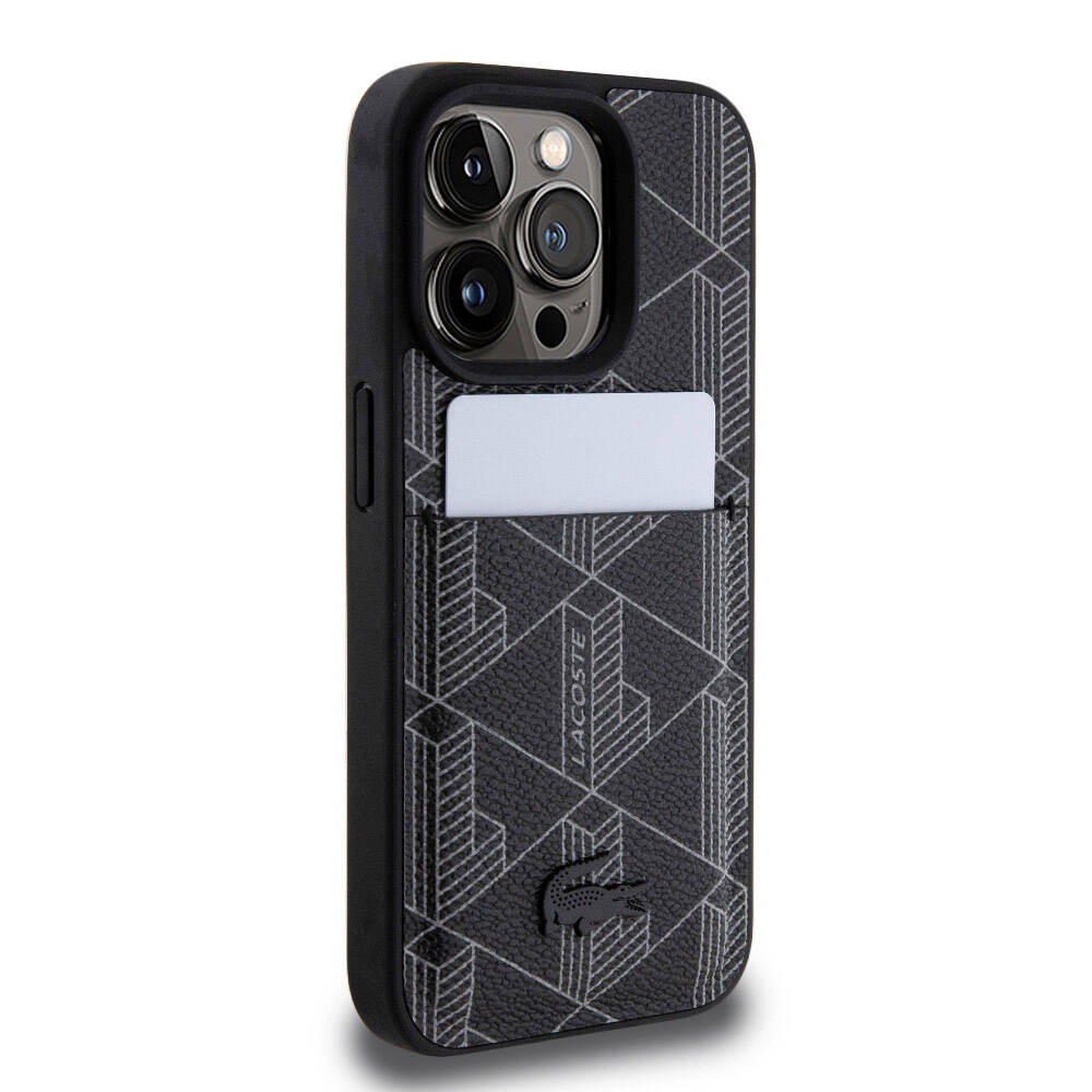 iPhone 15 Pro Kılıf Lacoste Orjinal Lisanslı M-safe Şarj Özellikli PU Deri Görünümlü Kartlıklı Karışık Monogram Desenli Kılıf