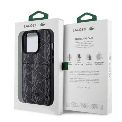 iPhone 15 Pro Kılıf Lacoste Orjinal Lisanslı M-safe Şarj Özellikli PU Deri Görünümlü Kartlıklı Karışık Monogram Desenli Kılıf