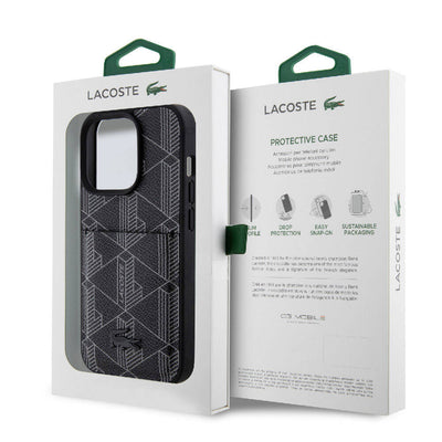 Apple iPhone 15 Pro Kılıf Lacoste Orjinal Lisanslı Magsafe Şarj Özellikli PU Deri Görünümlü Kartlıklı Karışık Monogram Desenli Kapak Siyah