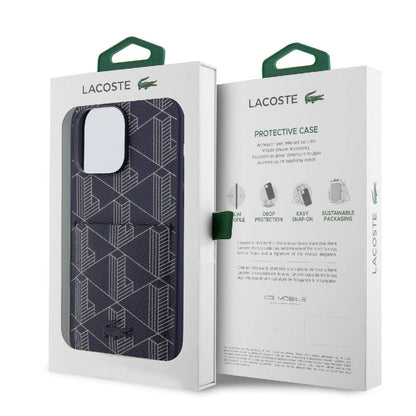 iPhone 15 Pro Kılıf Lacoste Orjinal Lisanslı M-safe Şarj Özellikli PU Deri Görünümlü Kartlıklı Karışık Monogram Desenli Kılıf