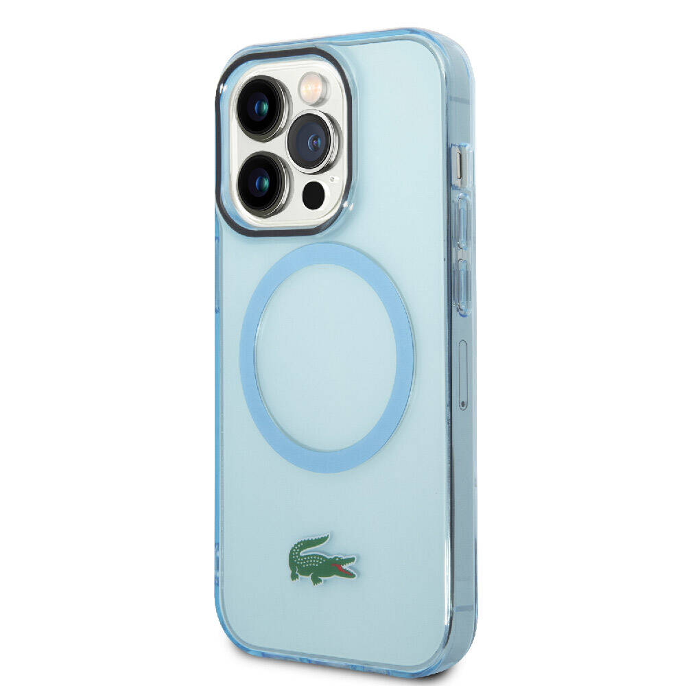 Apple iPhone 15 Pro Kılıf Lacoste Orjinal Lisanslı Magsafe Şarj Özellikli Transparan Timsah Logo Baskılı Kapak Mavi Açık
