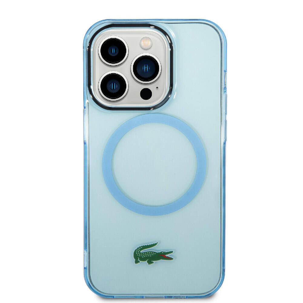 Apple iPhone 15 Pro Kılıf Lacoste Orjinal Lisanslı Magsafe Şarj Özellikli Transparan Timsah Logo Baskılı Kapak Mavi Açık