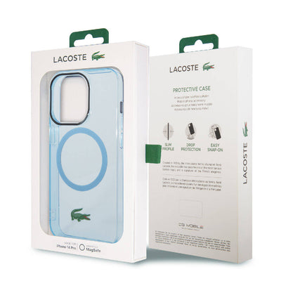 Apple iPhone 15 Pro Kılıf Lacoste Orjinal Lisanslı Magsafe Şarj Özellikli Transparan Timsah Logo Baskılı Kapak Mavi Açık