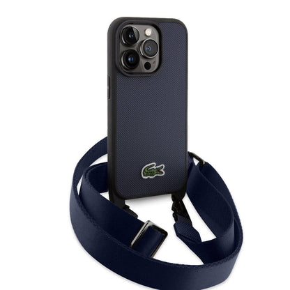 iPhone 15 Pro Kılıf Lacoste Orjinal Lisanslı PU Pike Desenli Arka Yüzey Askılı İkonik Timsah Dokuma Logolu Kılıf