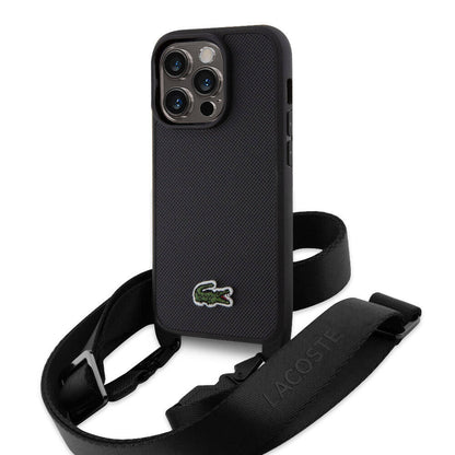 iPhone 15 Pro Kılıf Lacoste Orjinal Lisanslı PU Pike Desenli Arka Yüzey Askılı İkonik Timsah Dokuma Logolu Kılıf