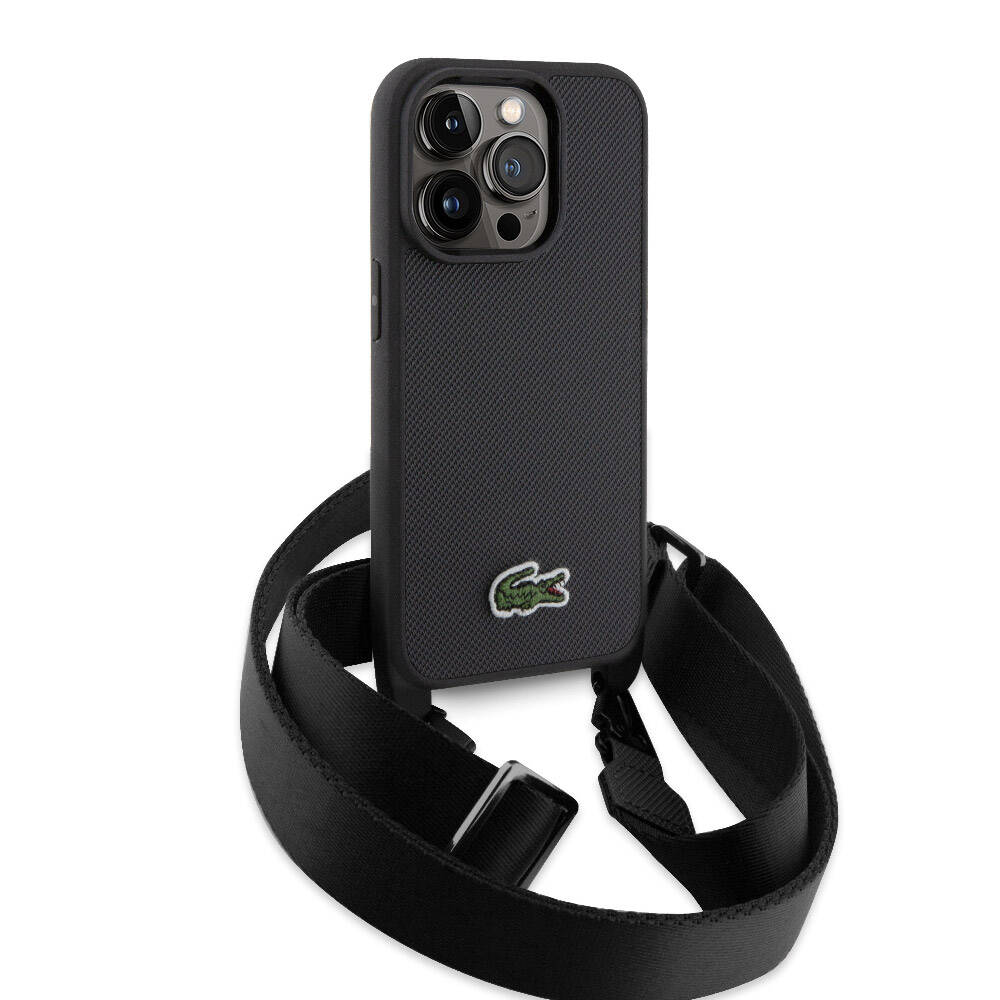 iPhone 15 Pro Kılıf Lacoste Orjinal Lisanslı PU Pike Desenli Arka Yüzey Askılı İkonik Timsah Dokuma Logolu Kılıf