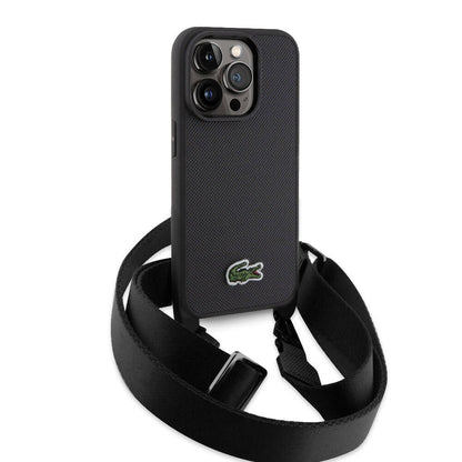 iPhone 15 Pro Kılıf Lacoste Orjinal Lisanslı PU Pike Desenli Arka Yüzey Askılı İkonik Timsah Dokuma Logolu Kılıf