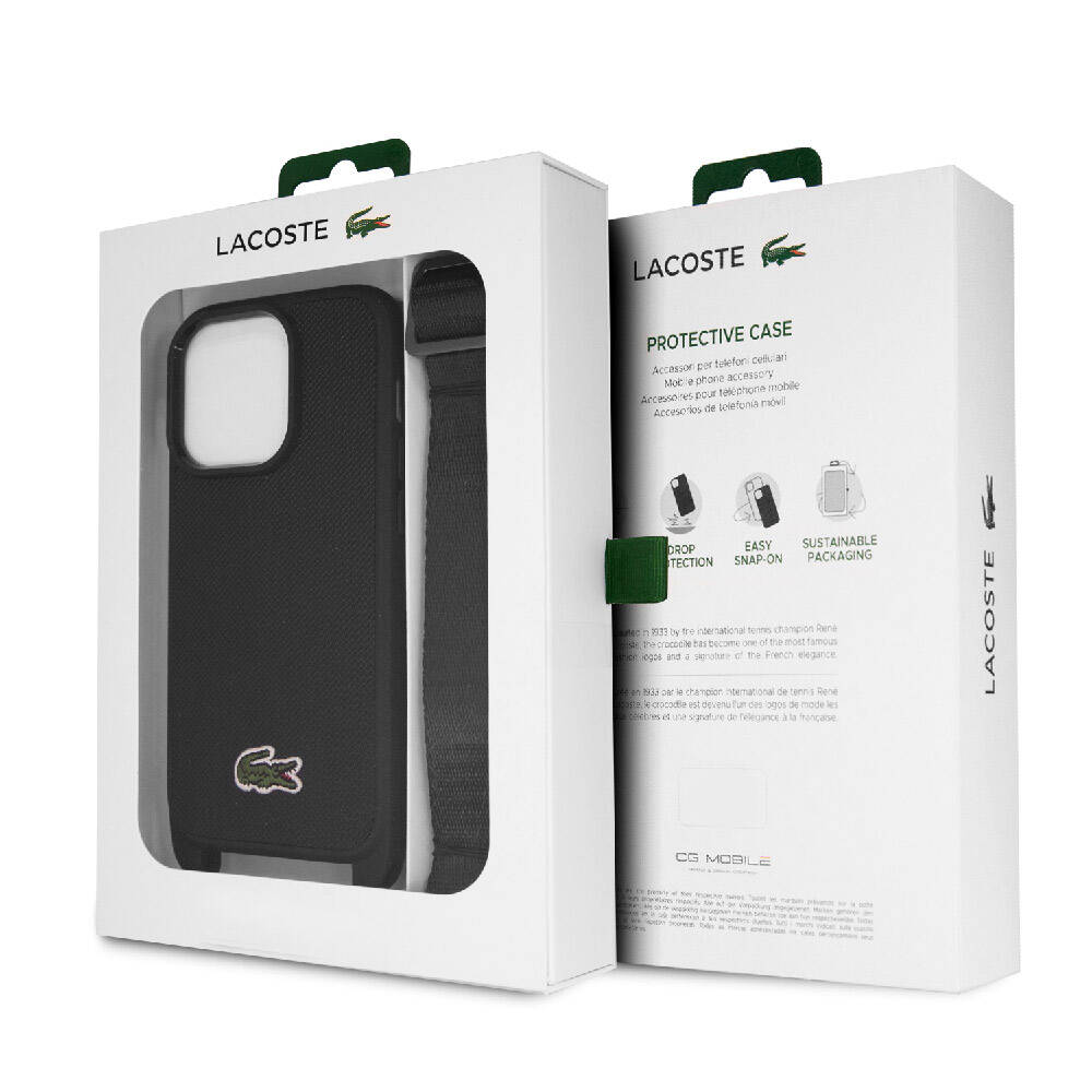 iPhone 15 Pro Kılıf Lacoste Orjinal Lisanslı PU Pike Desenli Arka Yüzey Askılı İkonik Timsah Dokuma Logolu Kılıf