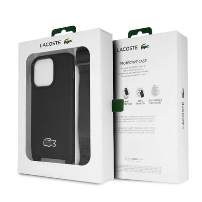 iPhone 15 Pro Kılıf Lacoste Orjinal Lisanslı PU Pike Desenli Arka Yüzey Askılı İkonik Timsah Dokuma Logolu Kılıf