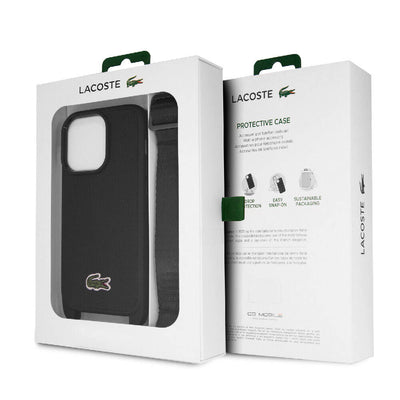 Apple iPhone 15 Pro Kılıf Lacoste Orjinal Lisanslı PU Pike Desenli Arka Yüzey Askılı İkonik Timsah Dokuma Logolu Kapak Lacivert