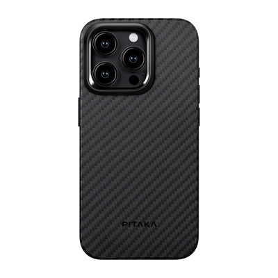 Apple iPhone 15 Pro Kılıf M-safe Şarj Özellikli 1500D Aramid Fiber Pitaka Military-Grade Classic Serisi Black-Grey Twill Kapak Siyah-Gri