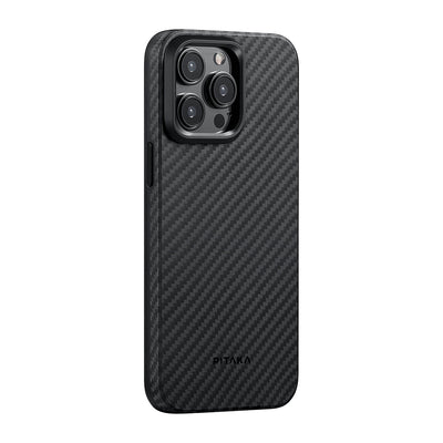 Apple iPhone 15 Pro Kılıf M-safe Şarj Özellikli 1500D Aramid Fiber Pitaka Military-Grade Classic Serisi Black-Grey Twill Kapak Siyah-Gri