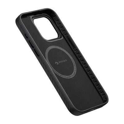 Apple iPhone 15 Pro Kılıf M-safe Şarj Özellikli 1500D Aramid Fiber Pitaka Military-Grade Classic Serisi Black-Grey Twill Kapak Siyah-Gri
