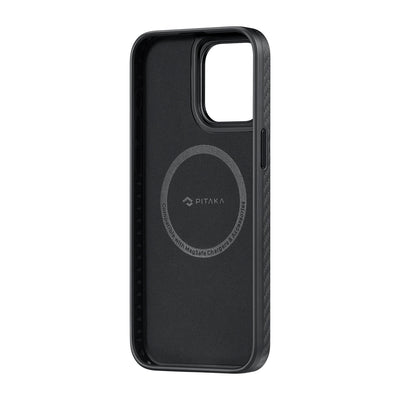 Apple iPhone 15 Pro Kılıf M-safe Şarj Özellikli 1500D Aramid Fiber Pitaka Military-Grade Classic Serisi Black-Grey Twill Kapak Siyah-Gri