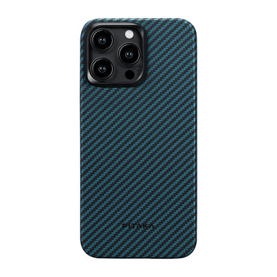 Apple iPhone 15 Pro Kılıf Magsafe Şarj Özellikli 1500D Aramid Fiber Pitaka Ultra-Slim Classic Serisi Black-Blue Twill Kapak Siyah-Mavi