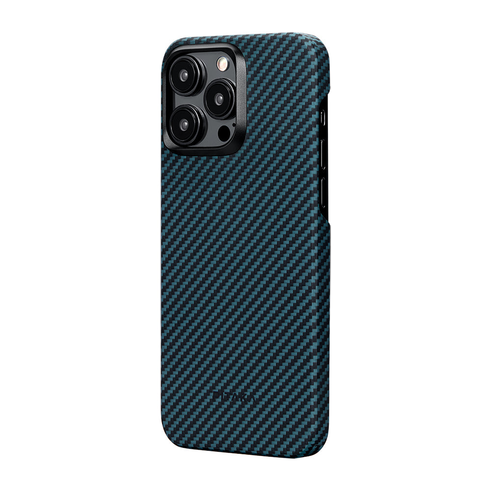 iPhone 15 Pro Kılıf M-safe Şarj Özellikli 1500D Aramid Fiber Pitaka Ultra-Slim Classic Serisi Black-Blue Twill Kılıf