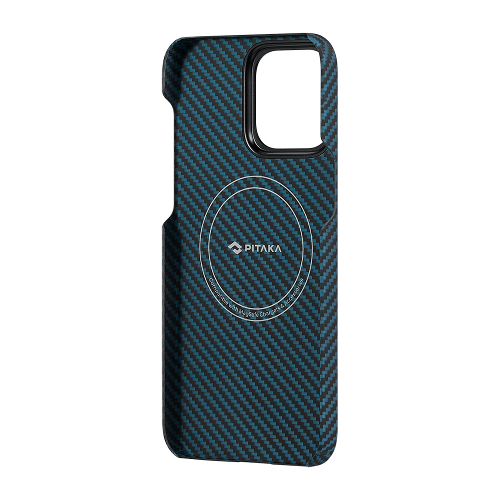 Apple iPhone 15 Pro Kılıf Magsafe Şarj Özellikli 1500D Aramid Fiber Pitaka Ultra-Slim Classic Serisi Black-Blue Twill Kapak Siyah-Mavi
