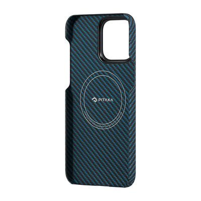 Apple iPhone 15 Pro Kılıf Magsafe Şarj Özellikli 1500D Aramid Fiber Pitaka Ultra-Slim Classic Serisi Black-Blue Twill Kapak Siyah-Mavi