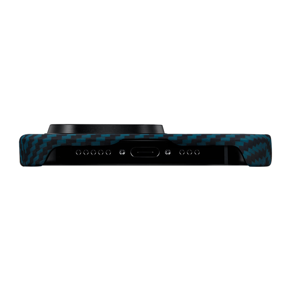 Apple iPhone 15 Pro Kılıf Magsafe Şarj Özellikli 1500D Aramid Fiber Pitaka Ultra-Slim Classic Serisi Black-Blue Twill Kapak Siyah-Mavi