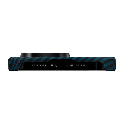Apple iPhone 15 Pro Kılıf Magsafe Şarj Özellikli 1500D Aramid Fiber Pitaka Ultra-Slim Classic Serisi Black-Blue Twill Kapak Siyah-Mavi