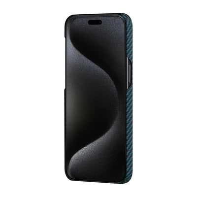 Apple iPhone 15 Pro Kılıf Magsafe Şarj Özellikli 1500D Aramid Fiber Pitaka Ultra-Slim Classic Serisi Black-Blue Twill Kapak Siyah-Mavi