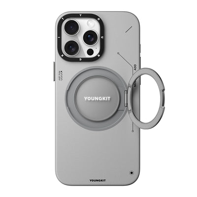 Apple iPhone 15 Pro Kılıf Magsafe Şarj Özellikli 360° Standlı Basit Mat Deri Desenli Youngkit Tech Leather Serisi Kapak Kahverengi