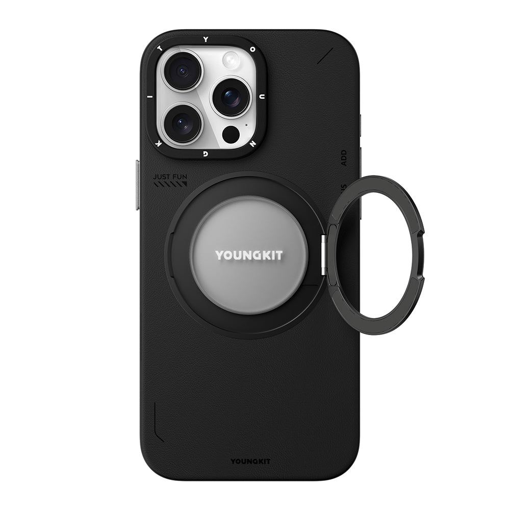 iPhone 15 Pro Kılıf M-safe Şarj Özellikli 360° Standlı Basit Mat Deri Desenli Youngkit Tech Leather Serisi Kılıf