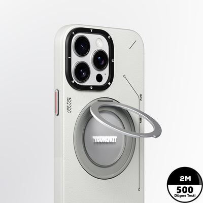 Apple iPhone 15 Pro Kılıf Magsafe Şarj Özellikli 360° Standlı Basit Mat Deri Desenli Youngkit Tech Leather Serisi Kapak Gri