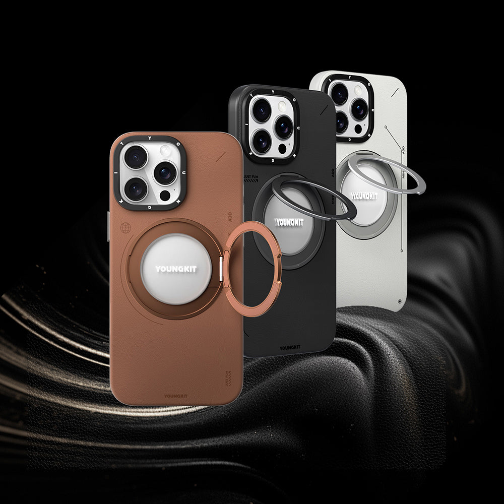 Apple iPhone 15 Pro Kılıf Magsafe Şarj Özellikli 360° Standlı Basit Mat Deri Desenli Youngkit Tech Leather Serisi Kapak Gri